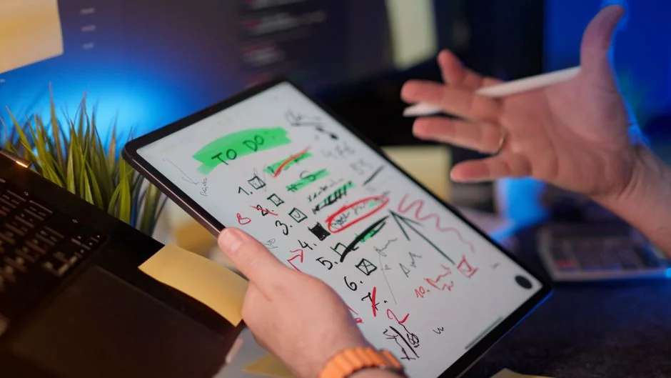 A contemporary workspace showcasing a laptop, tablet, and smartphones, ideal for tech and freelance use.
